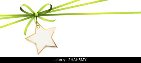 EPS 10 vector illustration of green colored ribbon bow and gift band with shape of a golden star pendant for christmas greetings isolated on white bac Stock Vector