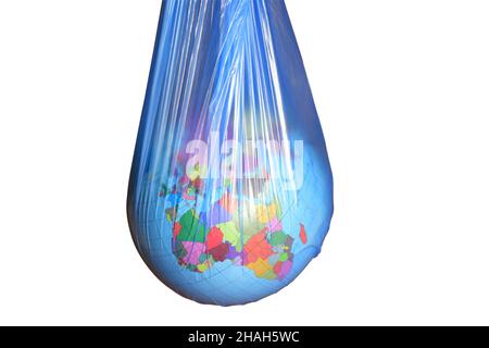 Globe of the world with countries of different colors hangs in a plastic blue transparent garbage bag on a white clipping background Stock Photo