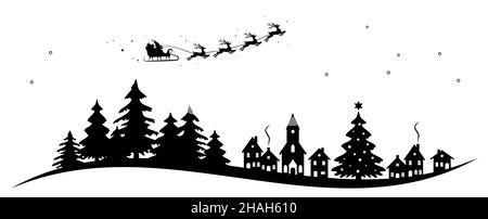 eps vector illustration with silhouette of Santa Claus with sleigh and reindeer over a church, village and trees isolated on white background for chri Stock Vector