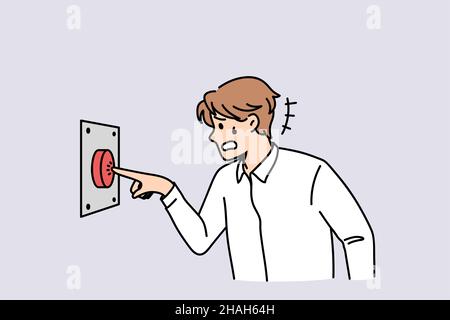 Emergency button and sos concept. Stressed man office worker standing pushing red emergency button for calling vector illustration  Stock Vector