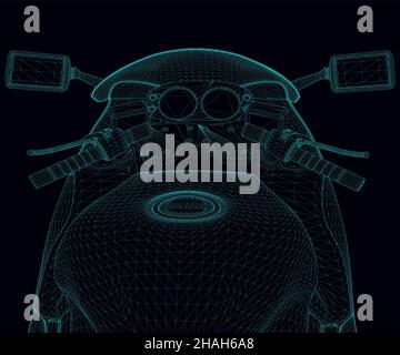 Wireframe of a sports motorcycle from blue lines isolated on a dark background. First-person view of the motorcycle. 3D. Vector illustration. Stock Vector