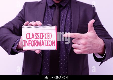 Text caption presenting Classified Information. Business overview Sensitive Data Top Secret Unauthorized Disclosure Presenting New Plans And Ideas Stock Photo