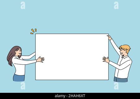 Copy space and blank concept. Smiling woman and man standing holding huge white copy space blank sign in hands for marketing advertisement vector illustration  Stock Vector
