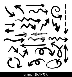 Doodle icon arrows set. Multiple types of lines: wavy, zig zag, beeline, loop. Black color. Vector illustration, flat design Stock Vector