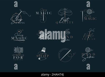 Sewing and knitting labels with lettering drawing in a classic sophisticated style blue color Stock Vector