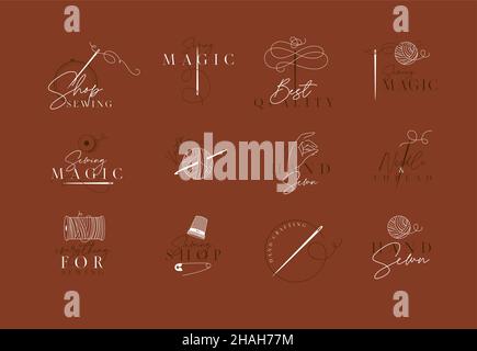 Sewing and knitting labels with lettering drawing in a classic sophisticated style terracotta color Stock Vector