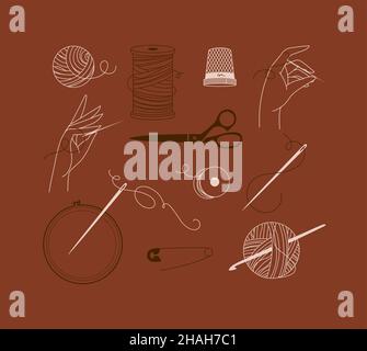 Sewing symbols thread, needle, scissors, pin, thimble, knitting, hand, spool, babin, tambour, crochet, hook in a classic sophisticated style terracott Stock Vector