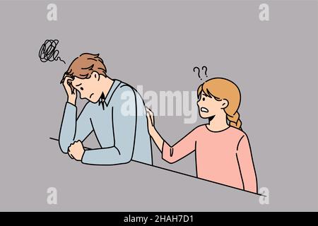 Empathy and helping hand concept. Small frustrated girl standing touching and trying to give support to depressed man or father vector illustration  Stock Vector