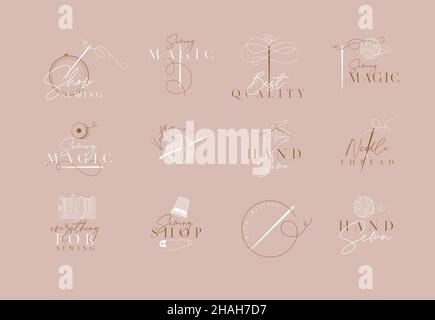 Sewing and knitting labels with lettering drawing in a classic sophisticated style peach color Stock Vector