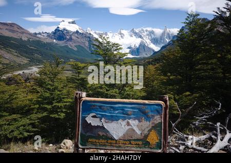 Panoramic view of Cerro Solo, Cerro Grande, Cerro El Doblado and Cerro Torre from viewpoint  near El Chalten, Patagonia Andes, Argentina Stock Photo