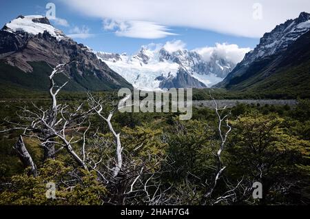 Panoramic view from hiking trail to Magellanic subpolar forests,  Cerro Solo and Cerro Torre mountains in Los Glaciares National Park near El Chalten,