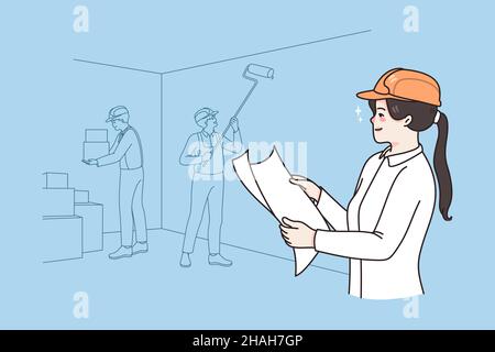 Woman architect with house plan control work on construction site. Female engineer or supervisor with paperwork manage workers team building object. Architecture concept. Vector illustration.  Stock Vector