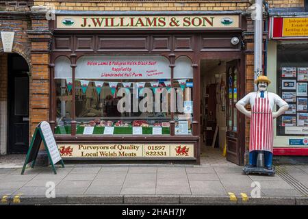 J. Williams & Son butcher's shop, Temple Street, Llandrindod Wells, Powys, Wales Stock Photo