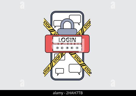 Personal identification and safety concept. Smartphone screen with login password and stop signs crossing it with lock and chat messages in application vector illustration  Stock Vector