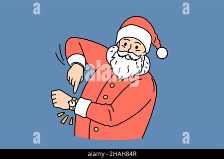 Christmas and New year holidays concept. Smiling Santa Claus in traditional red costume and cap standing and pointing in hand watch meaning new year coming vector illustration  Stock Vector