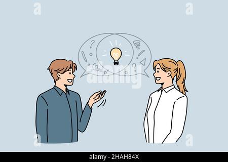 Teamwork, collaborating and ideas concept. Smiling man and woman colleagues standing generating ideas discussing business together vector illustration  Stock Vector