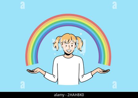 Enjoying natural rainbow colors concept. Small smiling girl standing and showing colorful rainbow with two hands over blue air background vector illustration  Stock Vector
