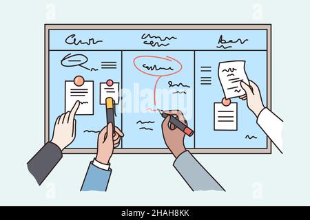 Diverse employees brainstorm at scrum board in office together. Colleagues coworkers engaged in creative thinking, make plan or schedule. Workflow scheme or strategy. Flat vector illustration.  Stock Vector