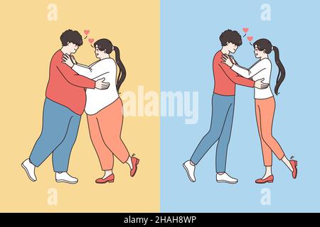Young couple in love before and after diet. Happy man and woman hug lose weight do sports follow healthy lifestyle together. Wellness and nutrition concept. Vector illustration, cartoon character.  Stock Vector