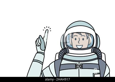 Working as cosmonaut and astronaut concept. Smiling man cosmonaut in special protective costume standing and showing finger feeling confident and excited vector illustration  Stock Vector