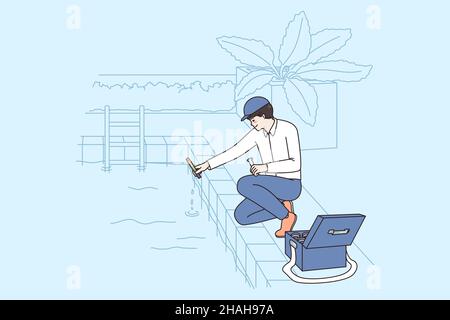Man with tubes check balance ph level in swimming pool with test stipes. Male worker or employee manage maintain aquarium. Maintenance or cleaning service concept. Flat vector illustration.  Stock Vector