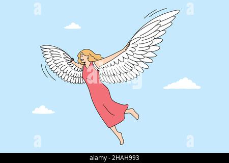 Freedom imagination and flight concept. Smiling blonde woman barefoot flying levitating in air in dress with angel or bird wings on back feeling free in sky vector illustration  Stock Vector