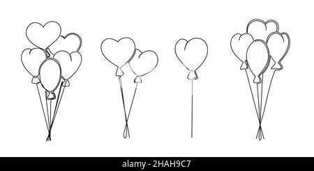 Set of heart shaped balloons. Drawn with one continuous line. Isolated stock vector illustration Stock Vector
