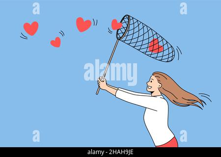 Searching for love and romance concept. Young positive girl running trying to collect flying red hearts in net over blue air background vector illustration  Stock Vector