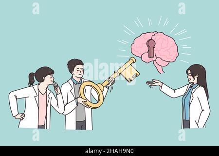 Doctors find key to brain. Mental and emotional behavior studying and developing. Professors or psychologists examine mind opportunities of people. Psychology concept. Vector illustration.  Stock Vector