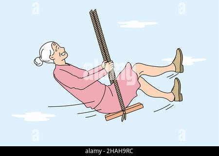 Happy lifestyle of elderly people concept. Smiling positive grey haired woman riding on swings feeling freedom and happiness like child vector illustration  Stock Vector