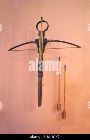 A medieval crossbow and arrows to it hang on a plain wall. Stock Photo