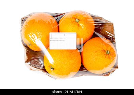 Labeled and packaged fresh oranges on white background Stock Photo