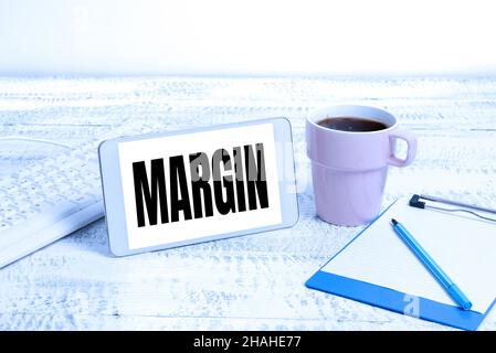 Text sign showing Margin. Business idea amount by which revenue from sales exceeds costs in a business Wireless Communications Voice And Video Calls Stock Photo