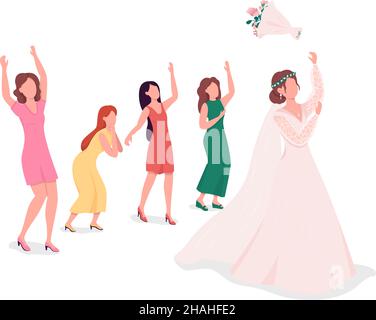 Bride throwing flowers to bridesmaids semi flat color vector characters Stock Vector