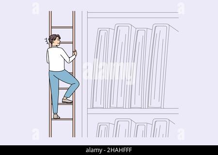 Searching for information and knowledge concept. Smiling man climbing on ladder trying to reach on top shelf ta take documents or books vector illustration  Stock Vector