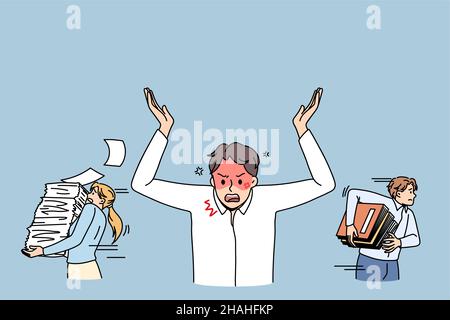 Angry furious job boss concept. Shouting red aggressive angry man director standing with hands raised and kicking out workers with heaps of documents vector illustration  Stock Vector