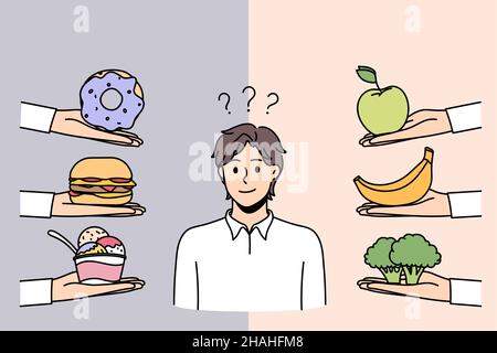 Choosing lifestyle and diet concept. Young frustrated man standing trying to choose between healthy balanced vegetarian foods and fast food vector illustration  Stock Vector