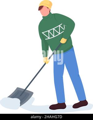 Man in sweater clean snow semi flat color vector character Stock Vector
