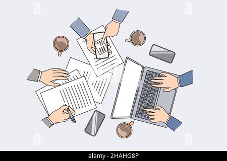 Teamwork technologies and brainstorm concept. Flat-lay of human colleagues hands making notes working on laptop and using phone for business vector illustration  Stock Vector