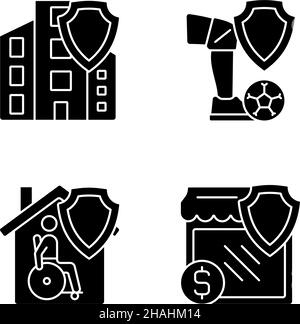 Insurance cases definitions black glyph icons set on white space Stock Vector