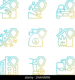 Accidents insurance cases gradient linear vector icons set Stock Vector