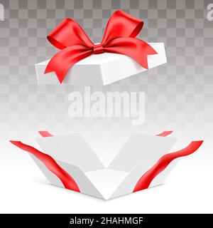 Blasted open white gift box with red ribbon, isolated on transparent background. Surprise giftbox with empty space, vector illustration. Stock Vector