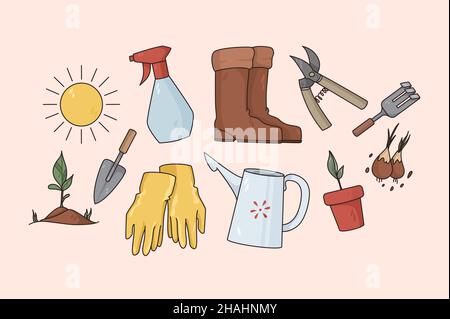 Set of various gardening tools for work on farm or field. Collection of different colorful items for gardener or farmer. Hobby concept. Agriculture and gardening. Vector illustration, cartoon.  Stock Vector