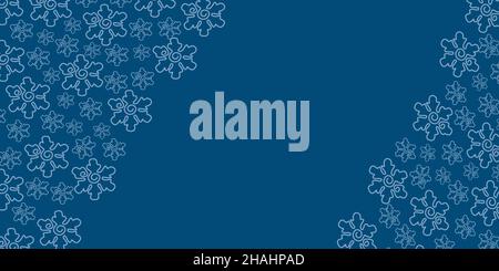 Abstract Christmas background in trending blue color with a pattern of hand-drawn snowflakes diagonally in the upper left and lower right corner. Place for your text. Vector illustration for banner, business card and postcard. Stock Vector
