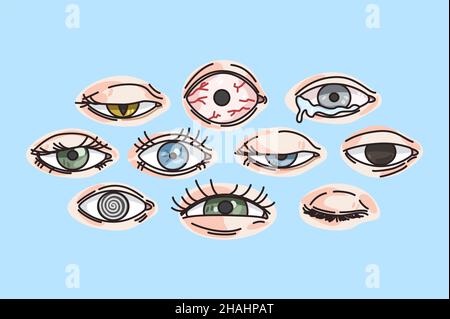 Set of different eyes disease. Collection of icons of various eyesight sickness or illness. Ophthalmology care. Sight problem. Medicine and healthcare. Vector illustration.  Stock Vector