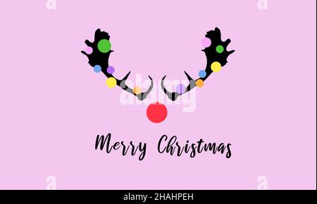 Pink Christmas card with funny deer antlers. Stock Photo