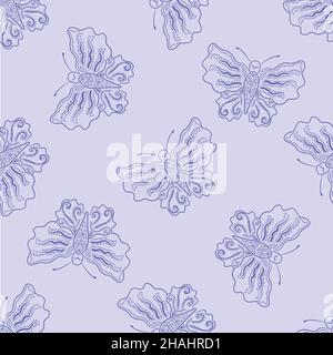 Stylized butterfly seamless vector pattern background. Backdrop with stencil style intricately decorated butterflies. Elegant lying bugs scattered Stock Vector