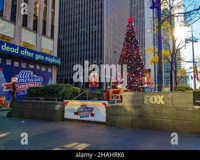 New York, United States. 12th Dec, 2021. Fox News Christmas Tree is seen days after being burnt in Midtown, Manhattan on December 12, 2021. (Photo by Ryan Rahman/Pacific Press) Credit: Pacific Press Media Production Corp./Alamy Live News Stock Photo