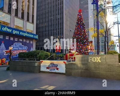 New York, United States. 12th Dec, 2021. Fox News Christmas Tree is seen days after being burnt in Midtown, Manhattan on December 12, 2021. (Photo by Ryan Rahman/Pacific Press) Credit: Pacific Press Media Production Corp./Alamy Live News Stock Photo