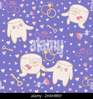 Seamless pattern with marshmallow getting married, love pattern with rings, love key, flower and coloured hearts, flat style. Stock Vector